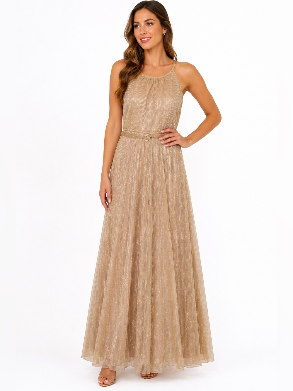 Alexa B Nites Gold Metallic Pleated Maxi Dress Womens 6 Formal Prom Wedding